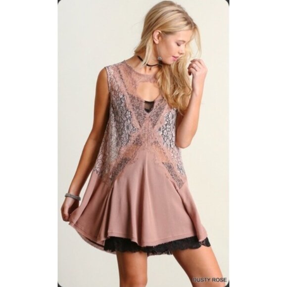 NWT Boutique Dusty Rose Lace Sleeveless “Secret Origins Mini Dress Tunic - Picture 1 of 6